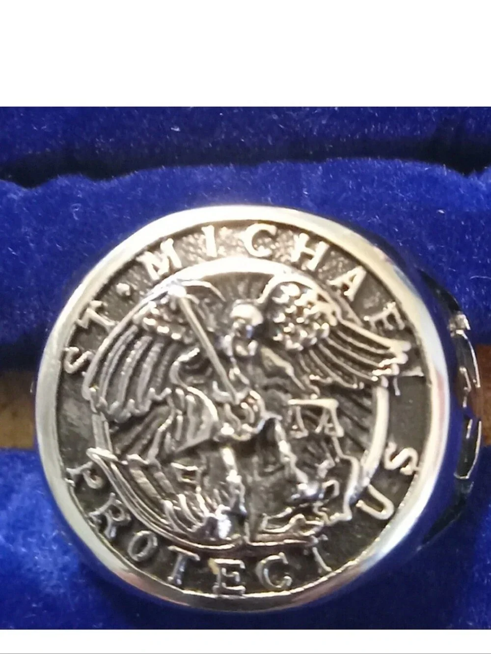 St Michael Protection Silver Tone Men's Signet Ring Stainless Steel Huge Ring